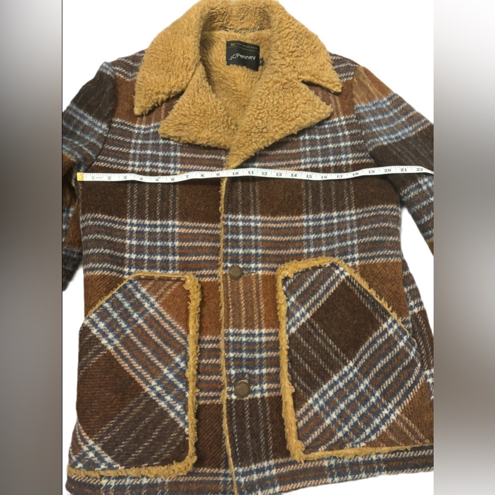 Authentic 70s Vintage JCPenney Plaid Wool Sherpa Lined Coat Jacket Brown (M) - Picture 4 of 6